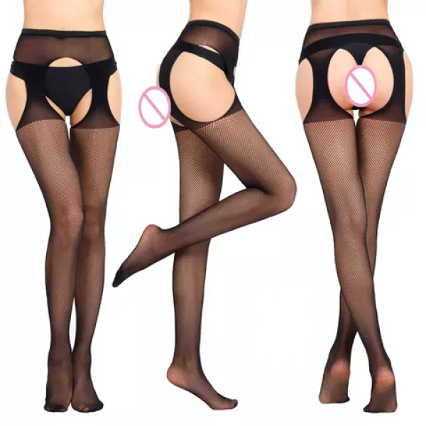 Bas Porte-Jarretelles Résille & Dentelle Noirs