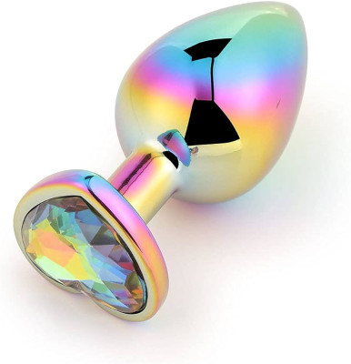 Plug Anal Arc-en-ciel Inox Bijou Cœur Taille M