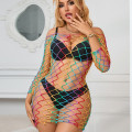 Robe Bodystocking Mini en Résille Arc-en-Ciel à Manches Longues