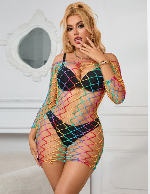 Robe Bodystocking Mini en Résille Arc-en-Ciel à Manches Longues